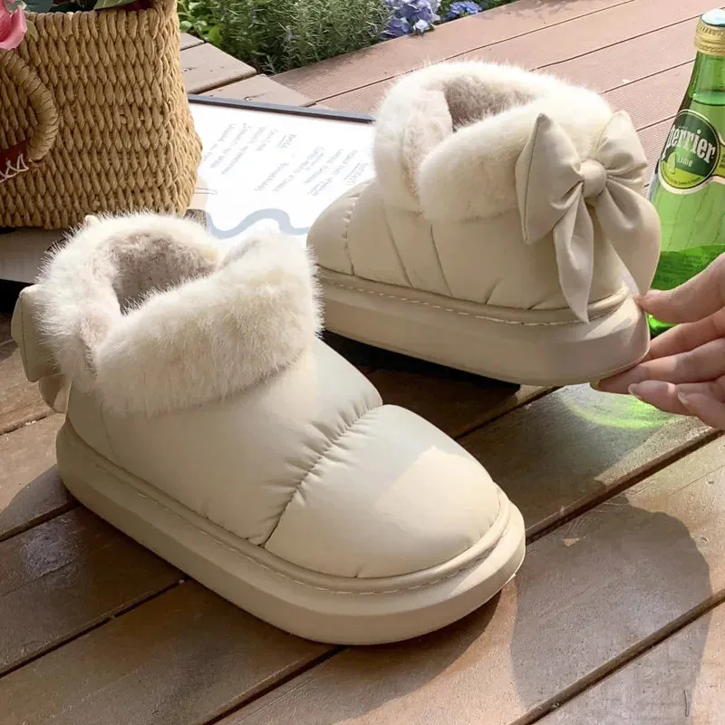 Sohiwoo Cute Warm Ankle Boots Winter Women's Bow Warmth Plush Bow Cotton Shoes 2024 New Waterproof Down Cloth Short Barrel Snow Boots